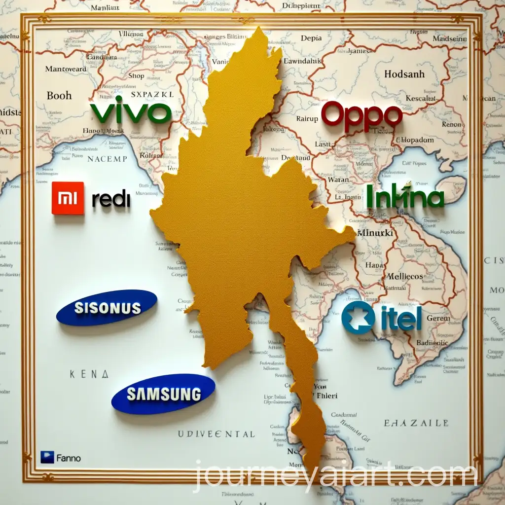 Creative-Collage-ofAI-Image-Prompt-Expansion-Smartphone-Brand-Logos-on-Myanmar-Map-Background