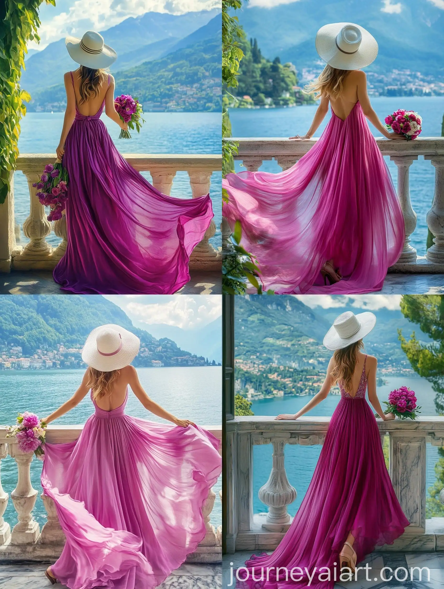 Summer-Tourist-Enjoying-Lake-Como-View-in-Fuchsia-Dress