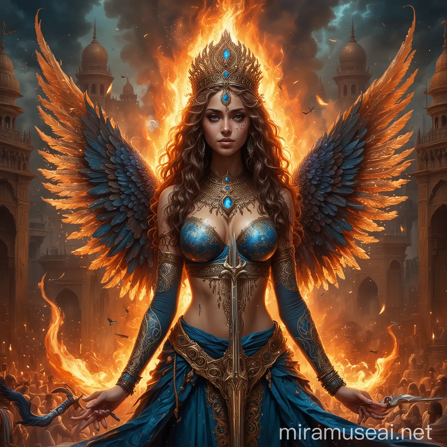 Beautiful Teenage Empress Goddesses with Fiery Wings and Swords