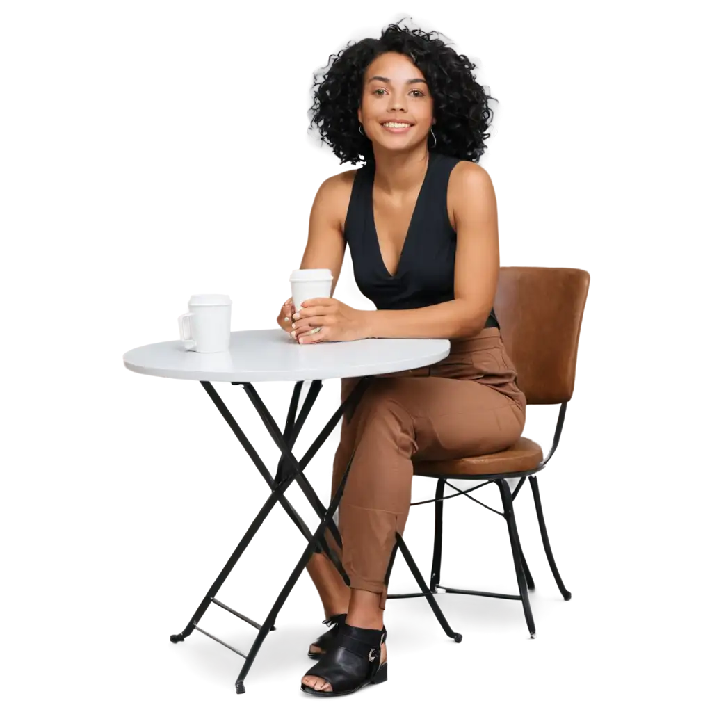 Chic-Black-Curly-Woman-in-Coffee-Shop-Drinking-Coffee-PNG-Image