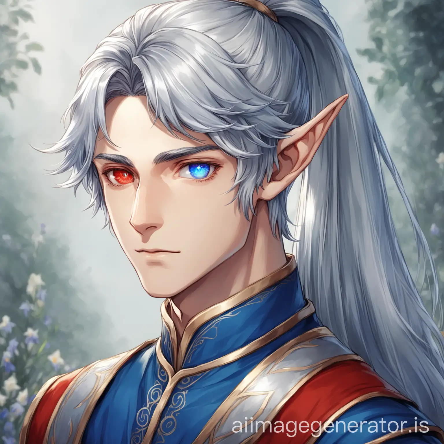 a young man, silver-grey hair, female face, heterochromatic irises of red and blue, wearing a high ponytail, elf ears