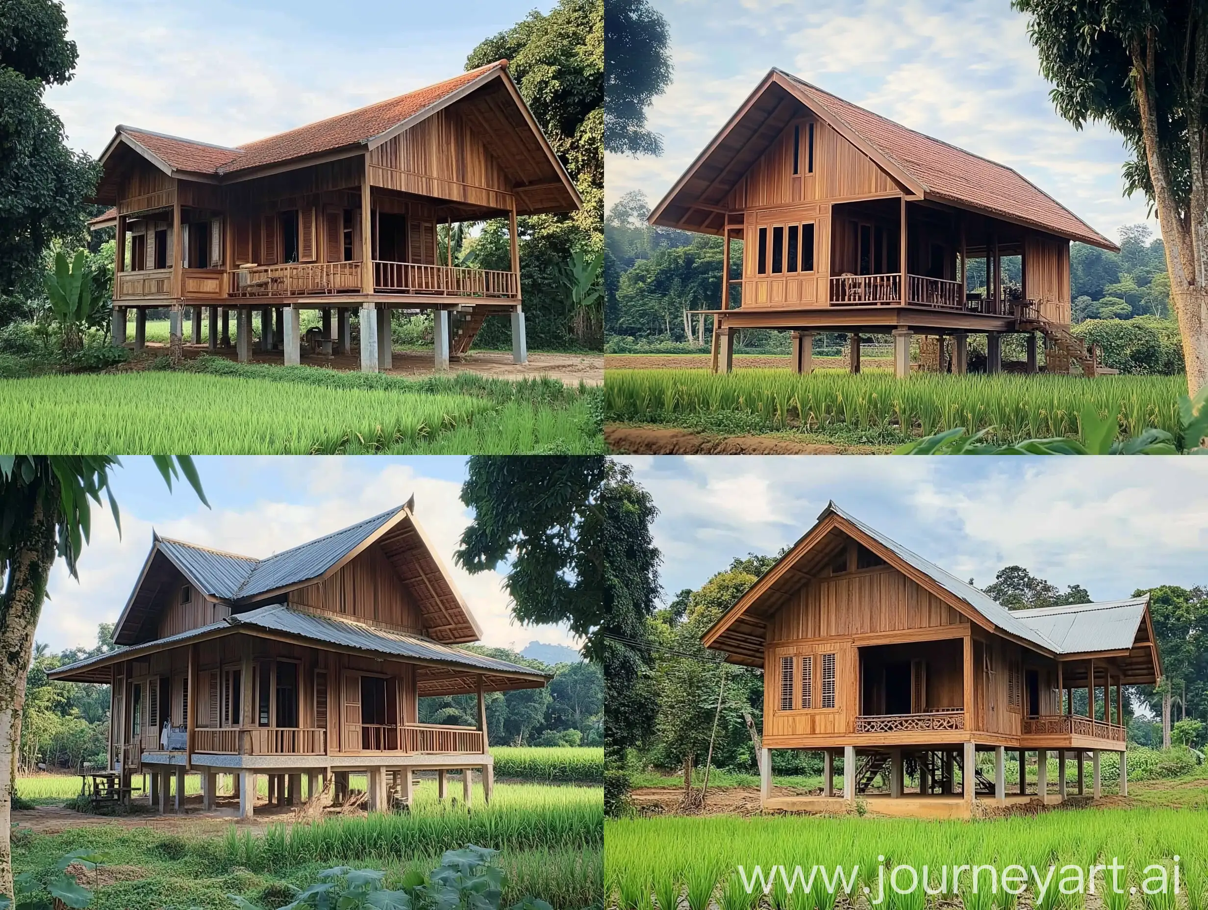 Traditional-Thai-Wooden-House-by-Rice-Paddy-Field