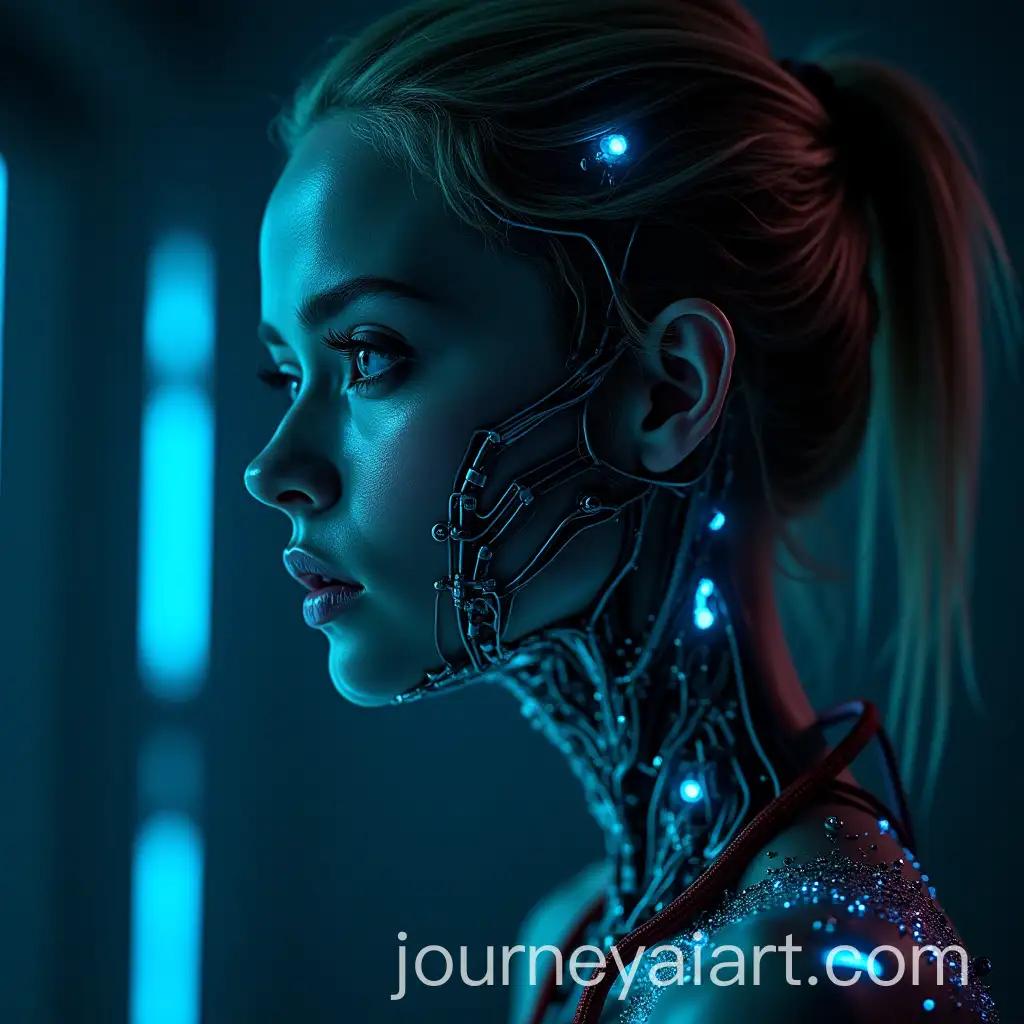 Cyberpunk-Female-Cyborg-Portrait-with-Glowing-Blue-Circuits-and-Metallic-Mask