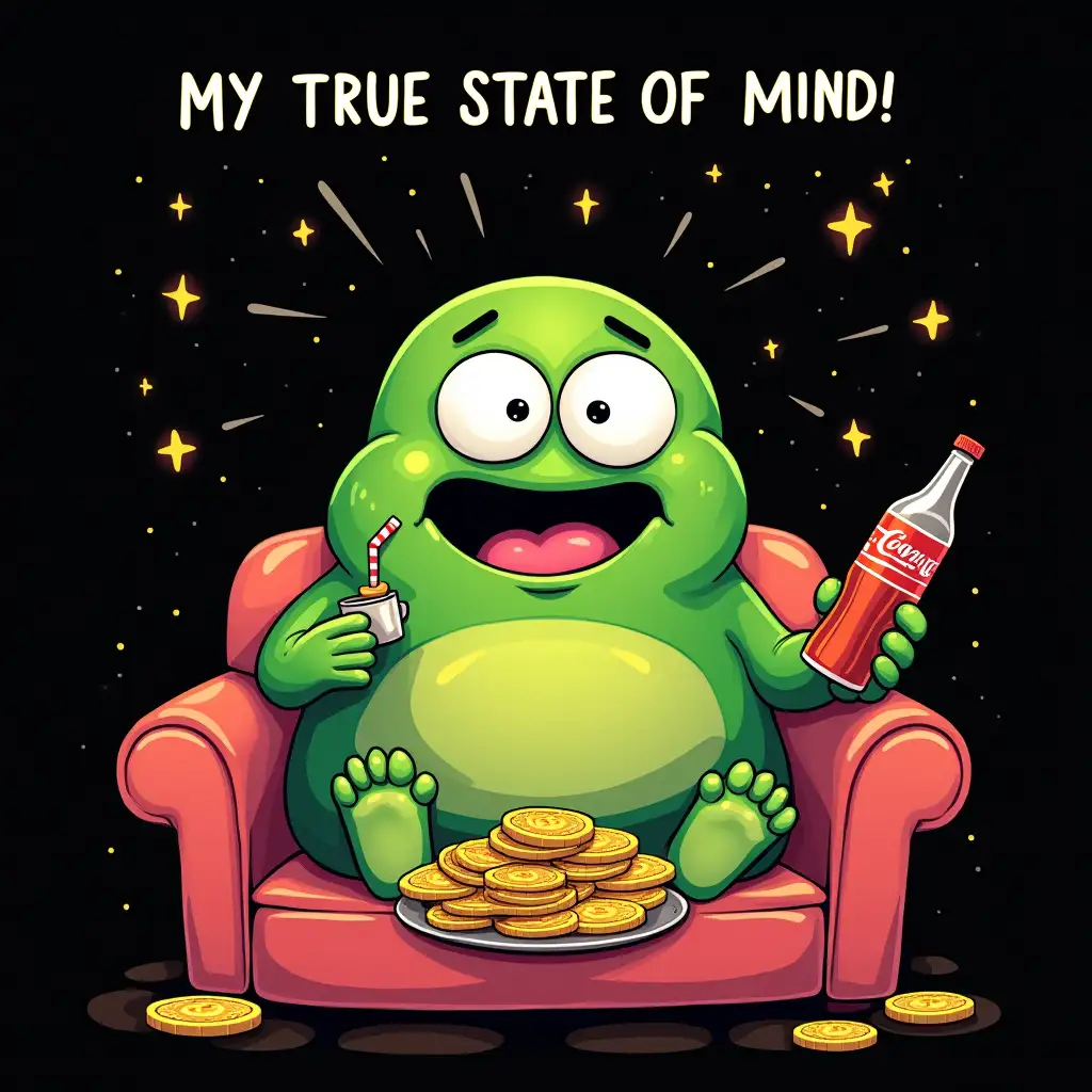 illustration suitable for screen printed T-Shirt design, concept art with mixed vegan anthropomorphic colorful A bored big crazy smile looking blob green creature sitting on the sofa eating chips and coca cola and watching reality television in front, there is a written word upper: MY TRUE STATE OF MIND! star skies with flying bitcoins, CGI art highly detailed, vector Flat design, clean bold, sharp crisp outlines, isolated in black background