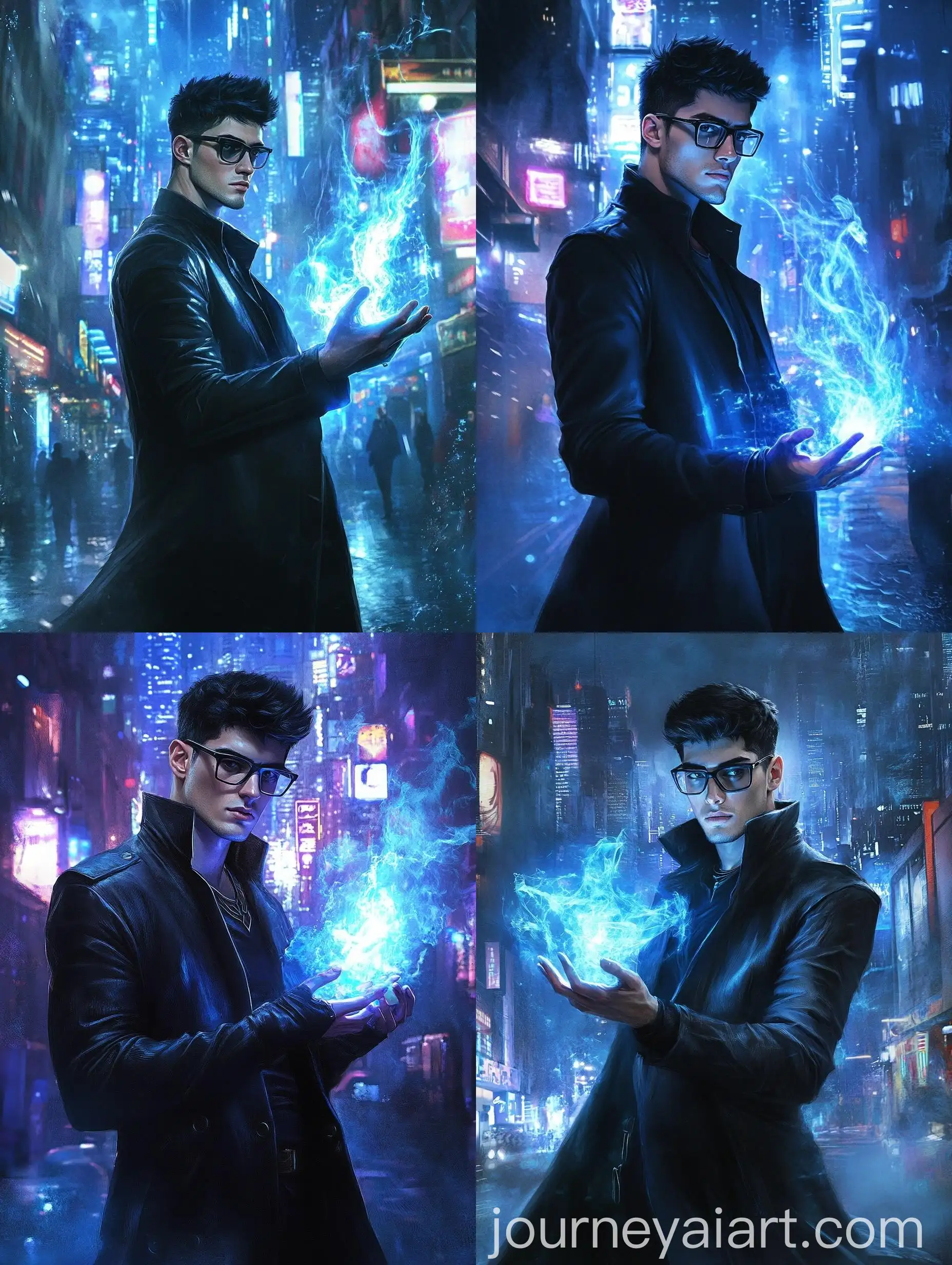 Dark-Sorcerer-Conjuring-Blue-Flame-in-Cyberpunk-City