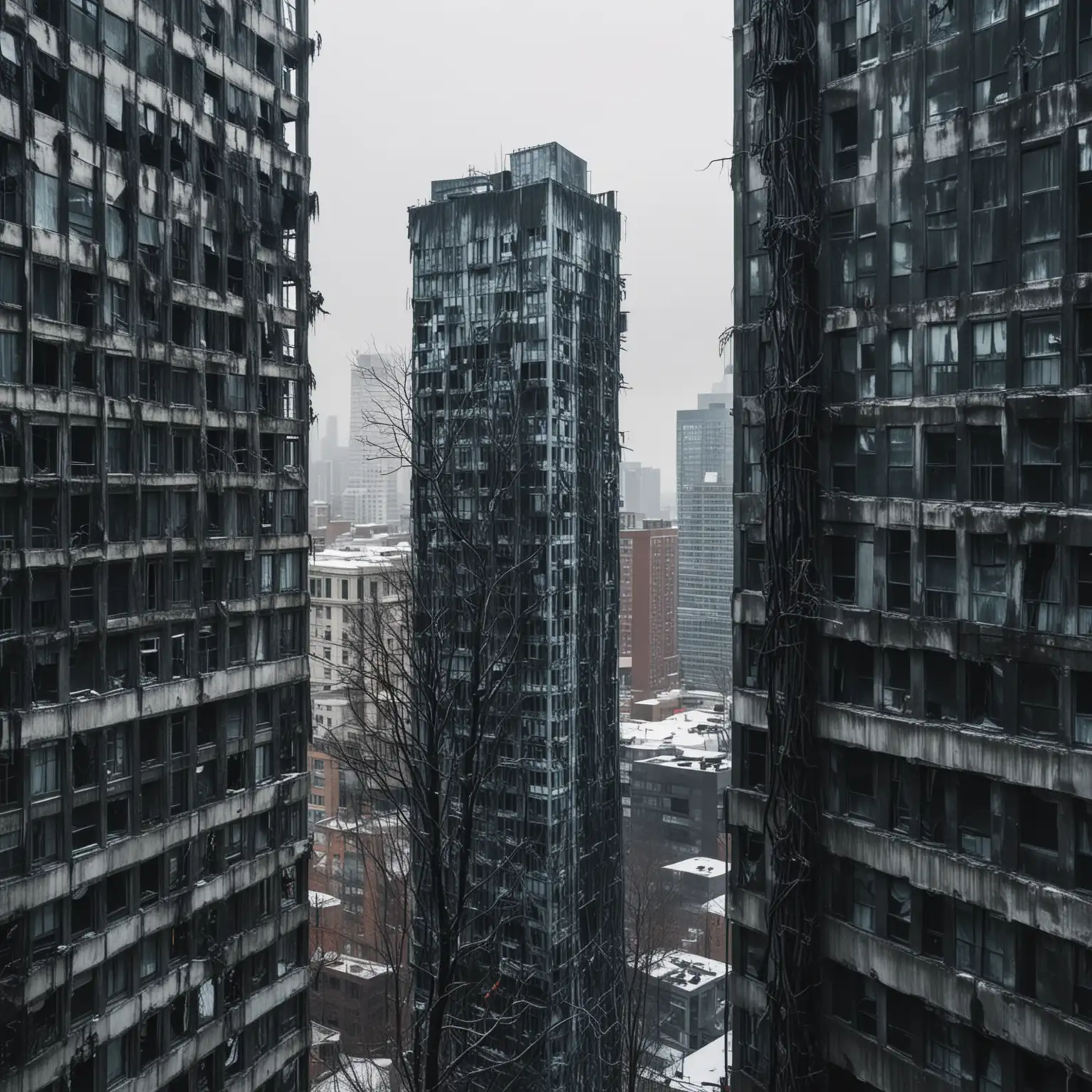 view from a tall building of two other buildings, blackened by fire, and of a third building, which is located between them but further away and is a skyscraper and entwined with roots, cold color palette, winter