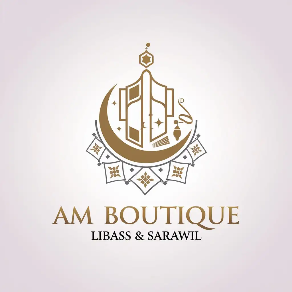 LOGO-Design-for-AM-Boutique-Libass-Sarawil-Gold-and-Silver-Text-with-Crescent-Moon-Books-Musks-and-Islamic-Clothing