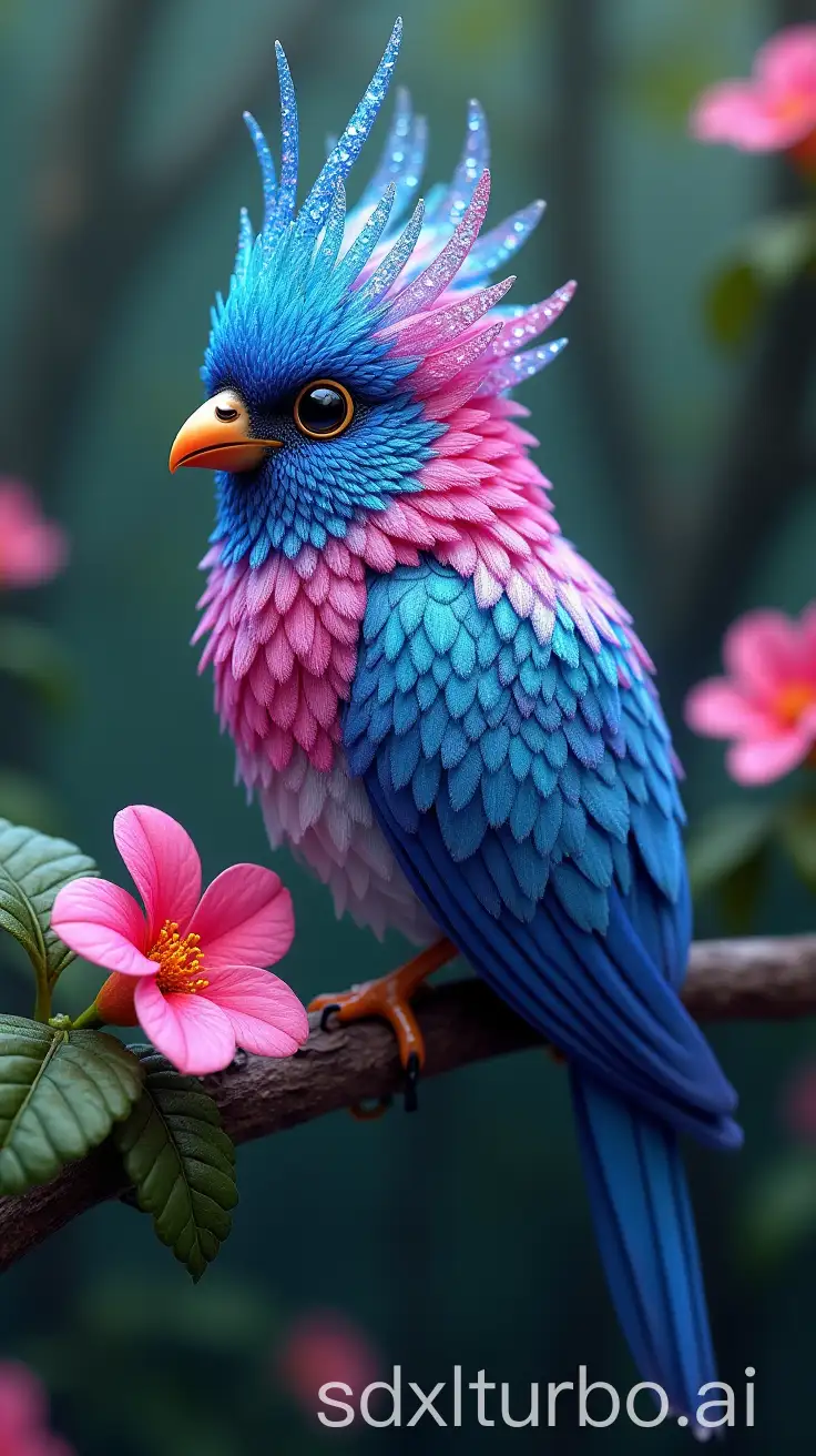 Colorful-Galaxy-Bird-Perched-on-Branch-with-Pink-and-Blue-Flowers