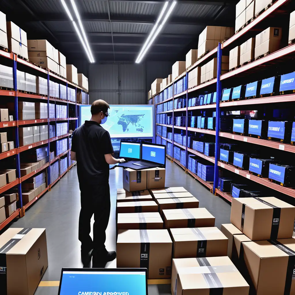 Employee-Scanning-Package-in-Warehouse-with-Holographic-Map-and-Laptops