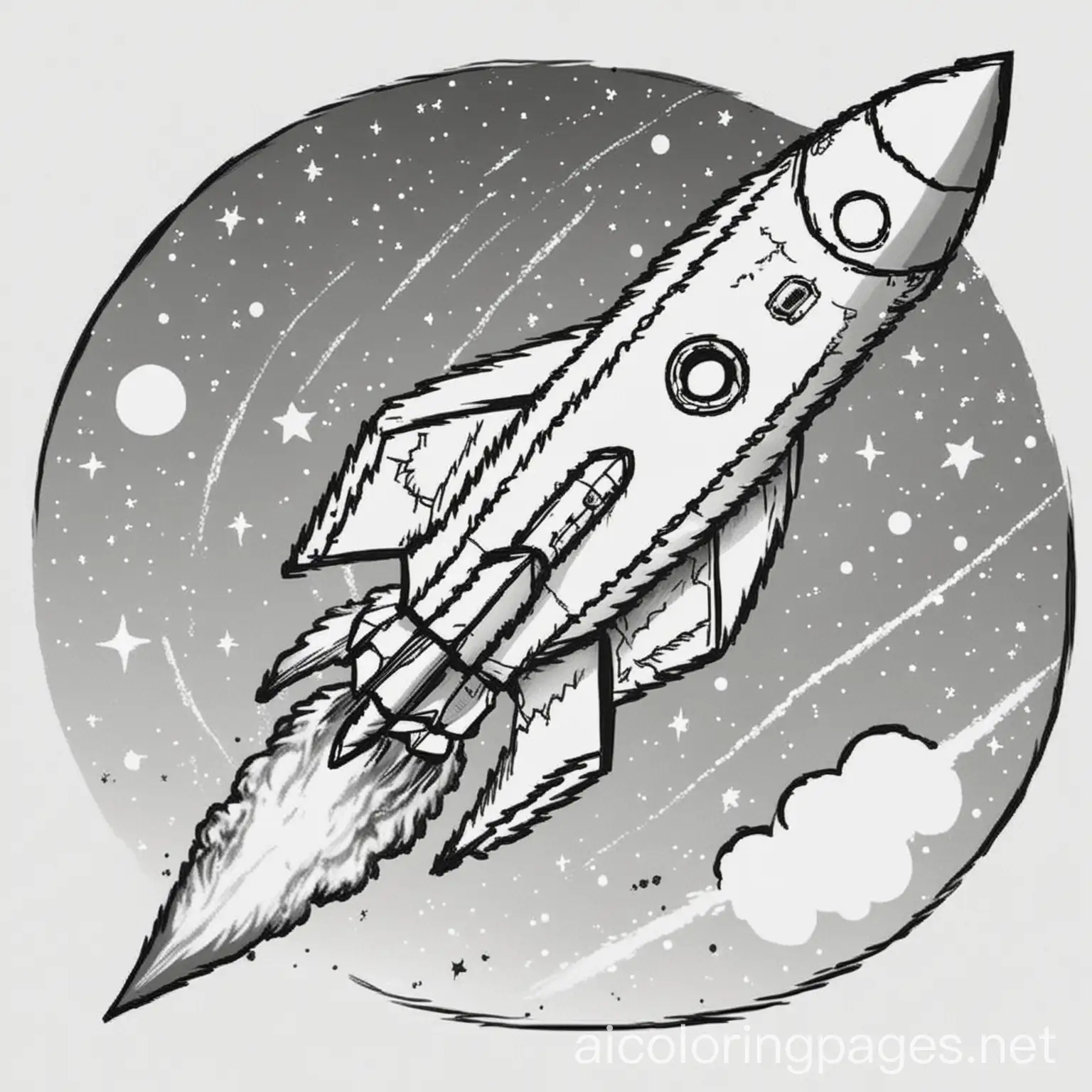 a rocket flying through space, Coloring Page, black and white, line art, white background, Simplicity, Ample White Space. The background of the coloring page is plain white to make it easy for young children to color within the lines. The outlines of all the subjects are easy to distinguish, making it simple for kids to color without too much difficulty