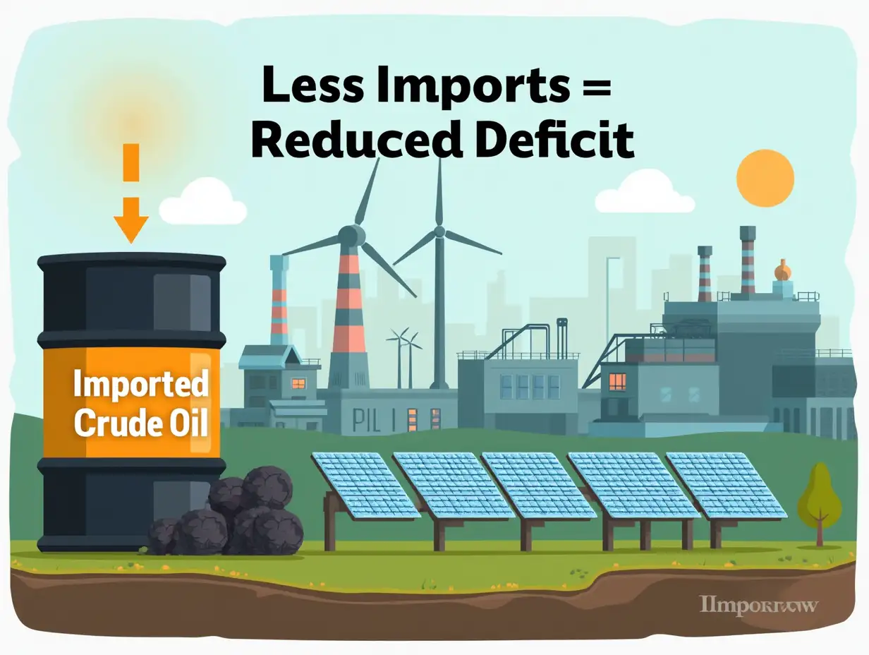 Create an informative and visually engaging illustration showing a large oil barrel labeled 'Imported Crude Oil' with an arrow pointing downward, symbolizing reduced imports. In the background, depict an industrial scene transitioning to renewable energy sources, with solar panels and wind turbines taking center stage. Include a math equation overlay: 'Less Imports = Reduced Deficit' in bold, clean typography. Use a color palette of deep oil black, renewable energy greens, and sky blues to symbolize the shift from dependency to sustainability. Add subtle Indian motifs in the background to tie the scene to India's trade challenges.