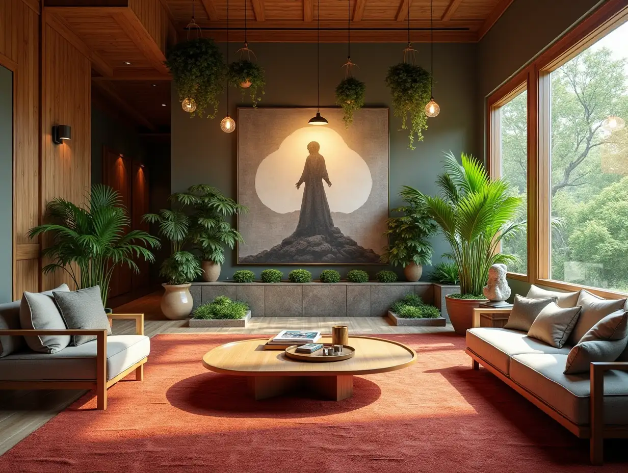 Large modern living room with reddish brown carpet, statue, lighting with very many hanging plants, Attack on Titan image on the wall, Zen garden with carefully tended rocks, a meditative 180 degree shot 8K resolution Vibrant