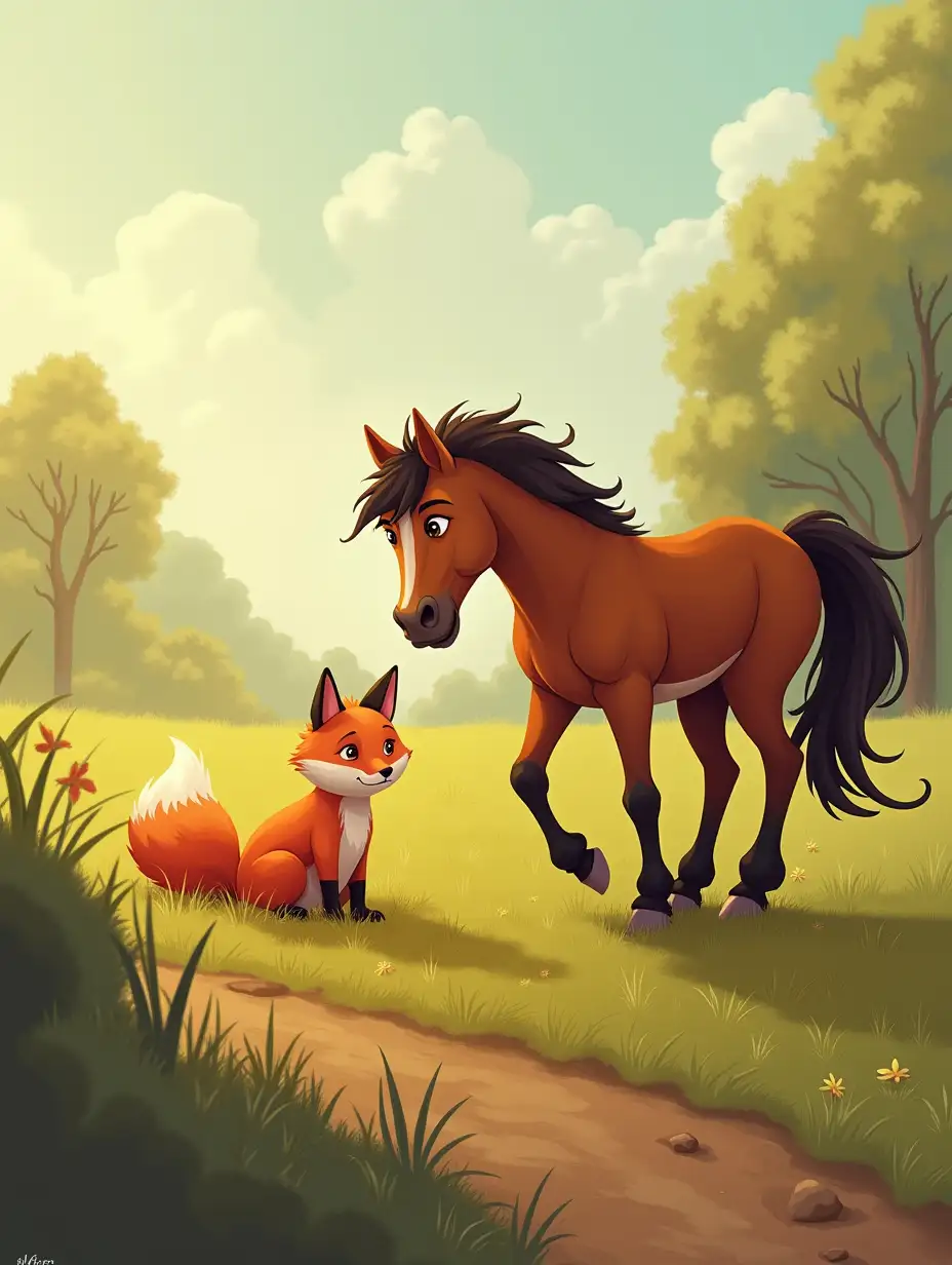 One day, a horse saw a fox trapped in a pit. The kind horse used his strong tail to pull the fox out. Grateful, the fox promised to protect the horse from dangers. They became best friends, teaching all the animals that kindness creates strong friendships.