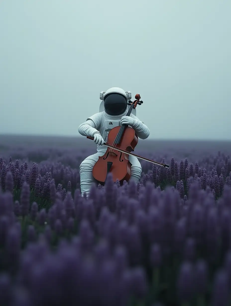 An astronaut sitting in the middle of a dark purple flower field, playing cello and far away from the camera, with a foggy sky and a dark grey color palette.