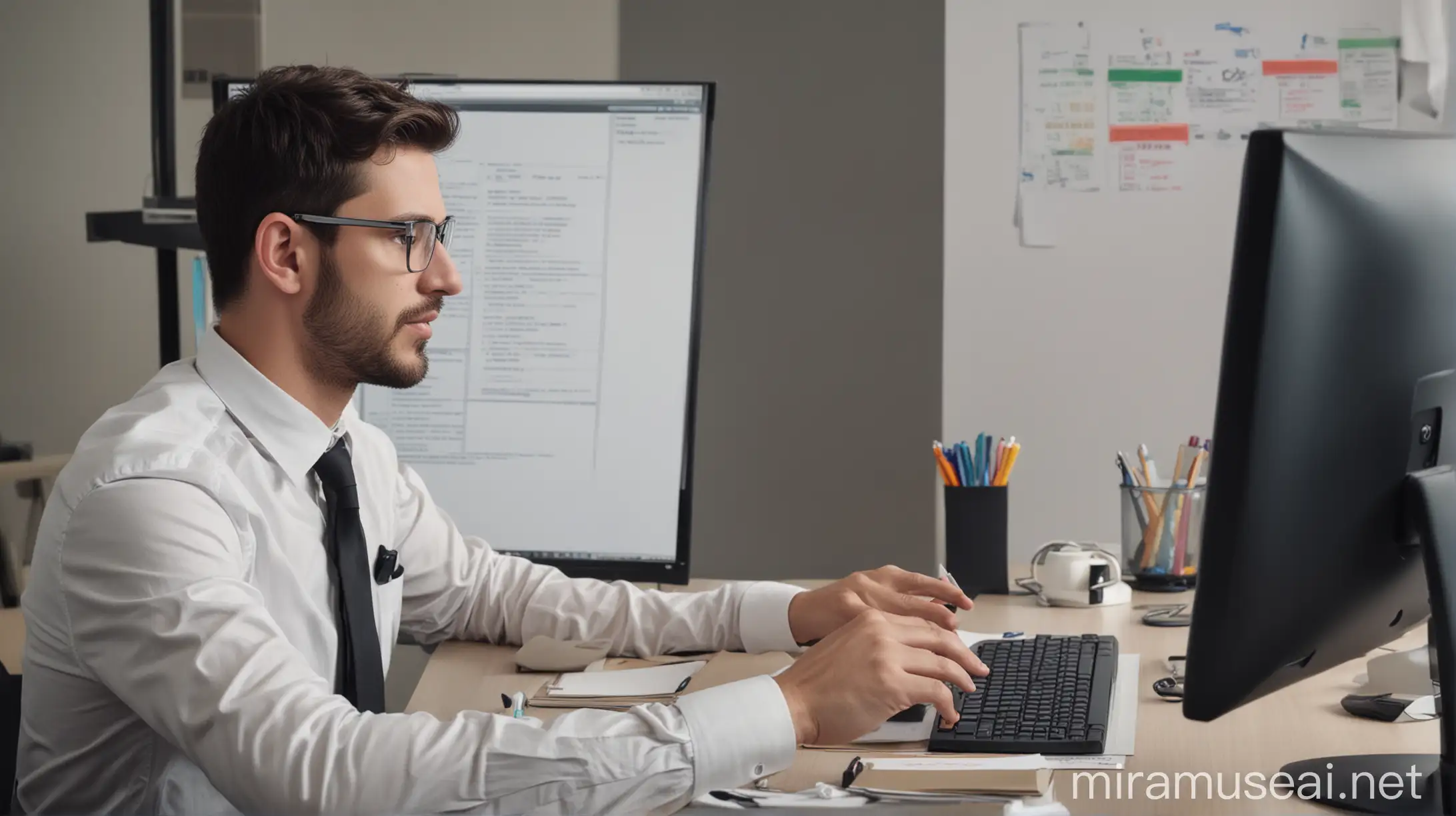 Businessman Using Virtual Notes on Office Computer