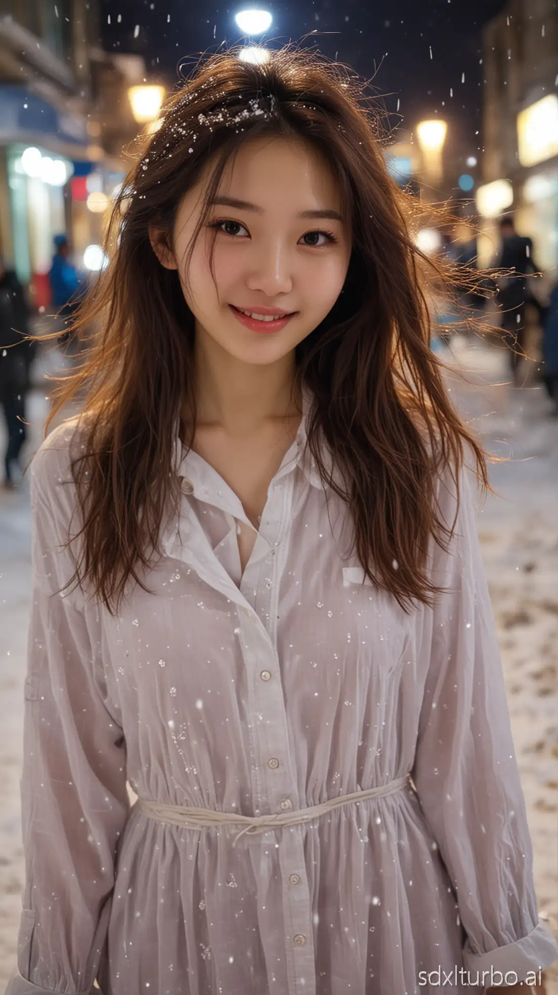 Chinese 20-year-old woman, small round face. Sexy sweet smile, brown hair (a little messy). Snow-white skin, slender figure, fully made up, in the winter night, fashion deep-colored shirt and dress, on the street, selfie action and effect