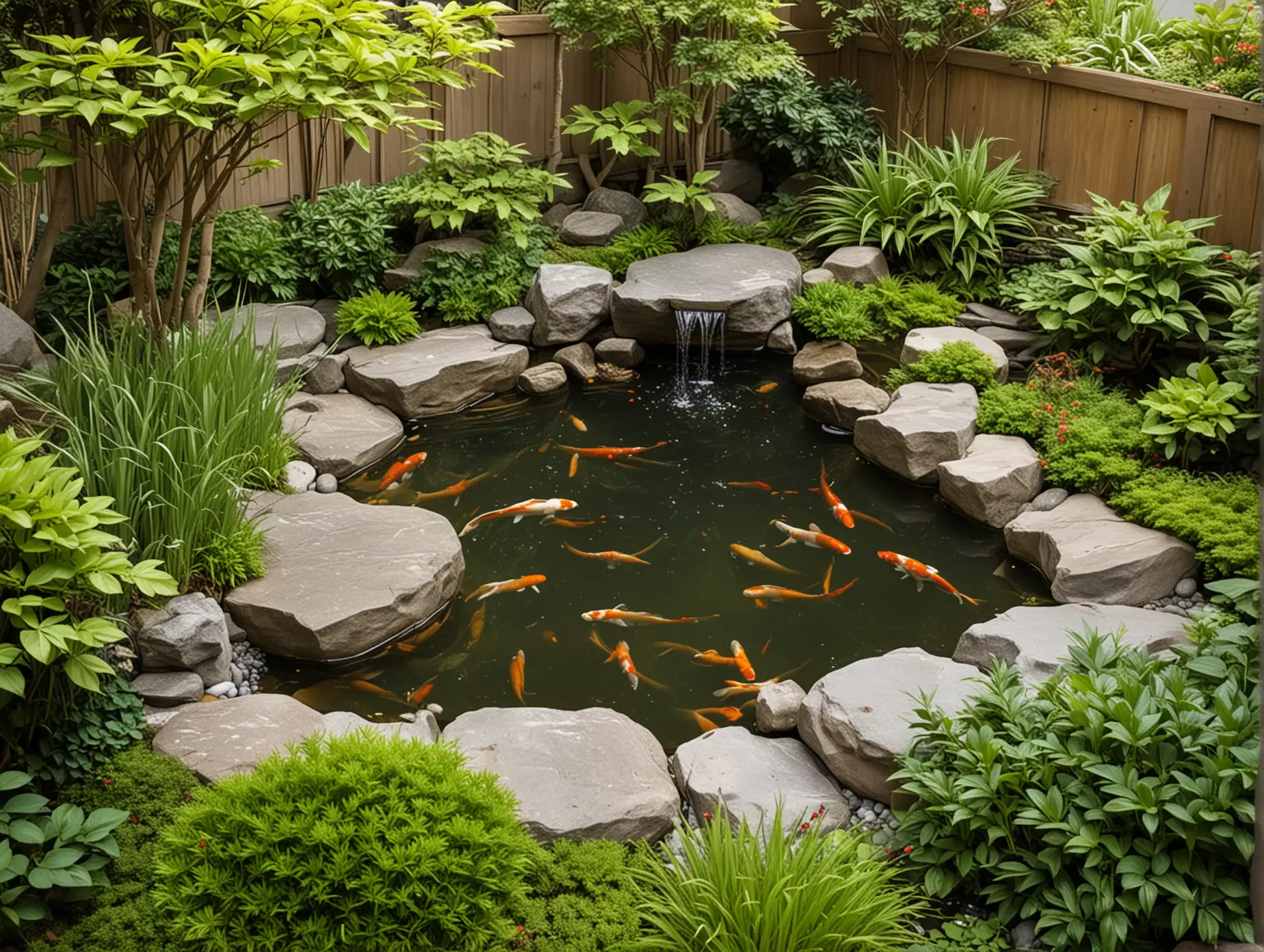 a Japanese garden style corner, Koi pond and a few rocks in the center, surrounded by architectures and green plants