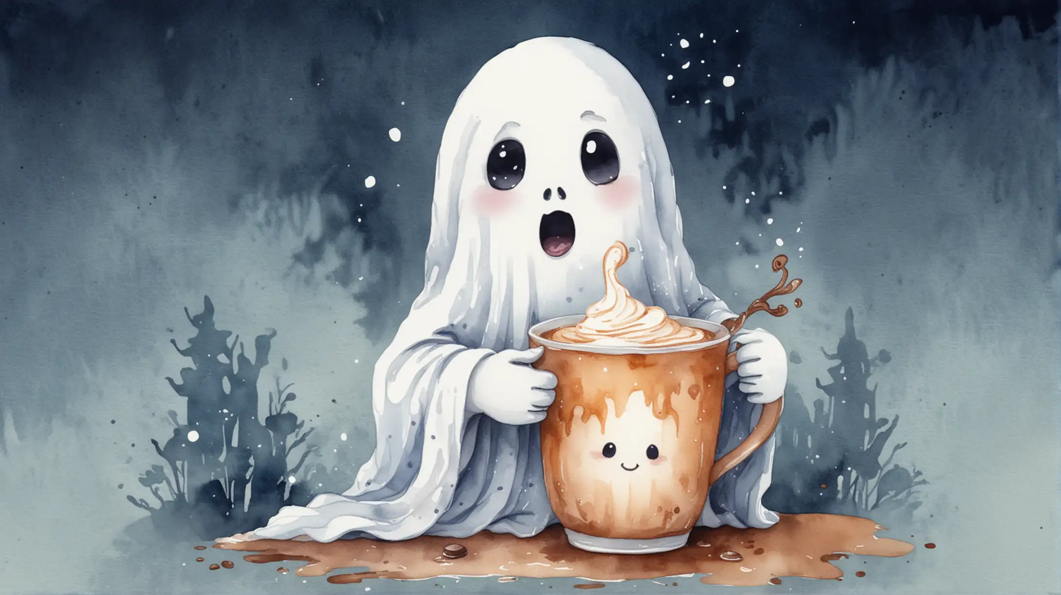 Watercolor Cute Ghost Enjoying Hot Chocolate