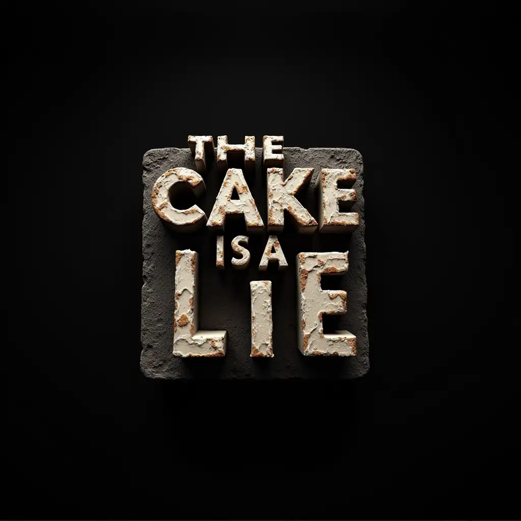 A surreal dystopic topdown graphic design of a cake made of concrete lies, with the text 'THE CAKE IS A LIE' on a black backdrop