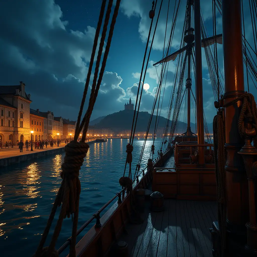 Ancient-Galleon-Anchored-in-Italian-Port-at-Night-with-Moonlit-Reflections