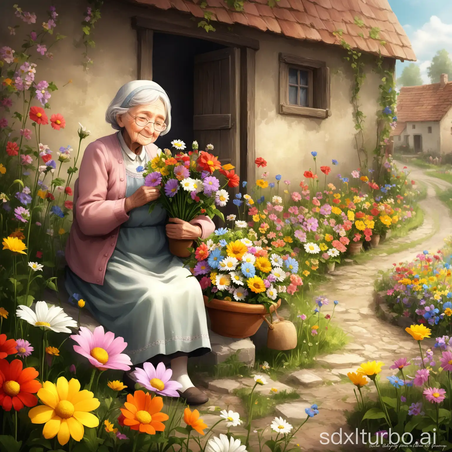 Friendly-Old-Lady-Sharing-Secrets-of-Flowers-with-Village-Children