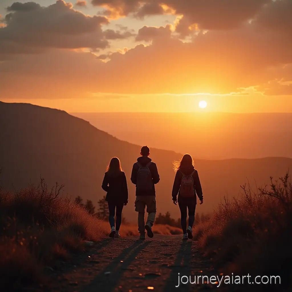 Three-People-on-a-Journey-Through-a-Sunset-Landscape