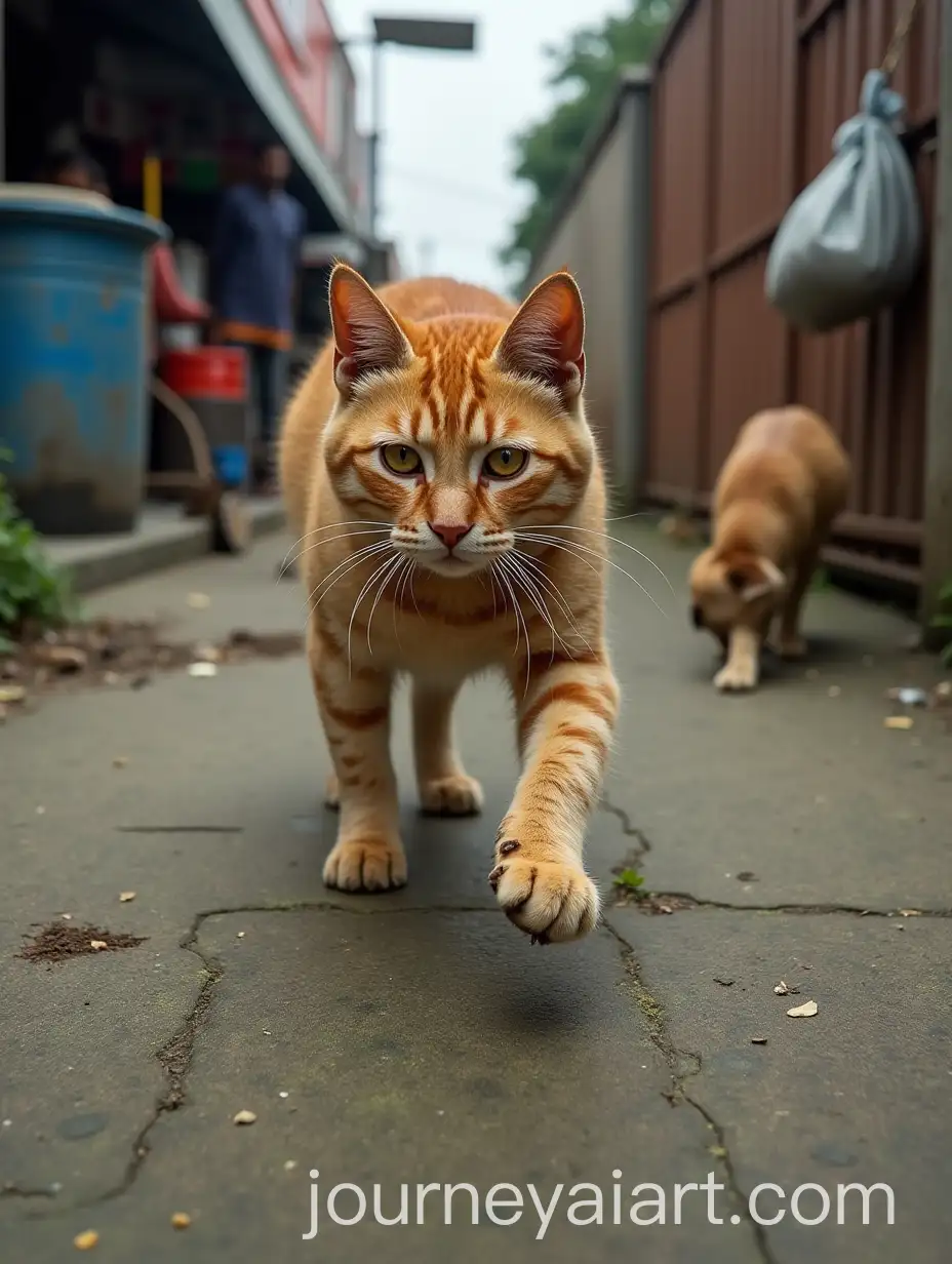 Orange-Cat-Paws-on-Mossy-Sidewalk-with-ChildAI-Image-Prompt-Expansion-and-Street-Food-Stall-in-Background
