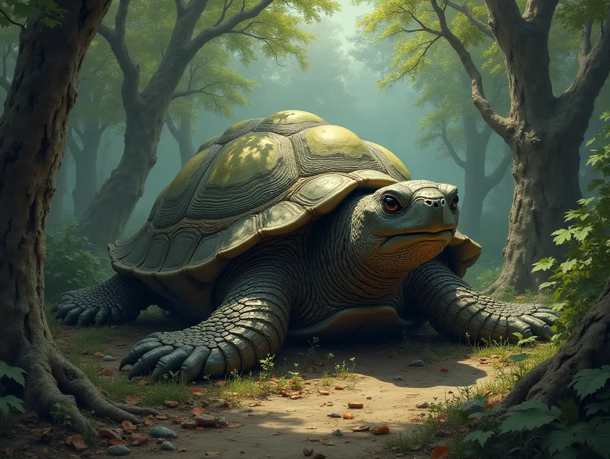 The sacred turtle was blocked by a fallen tree in front