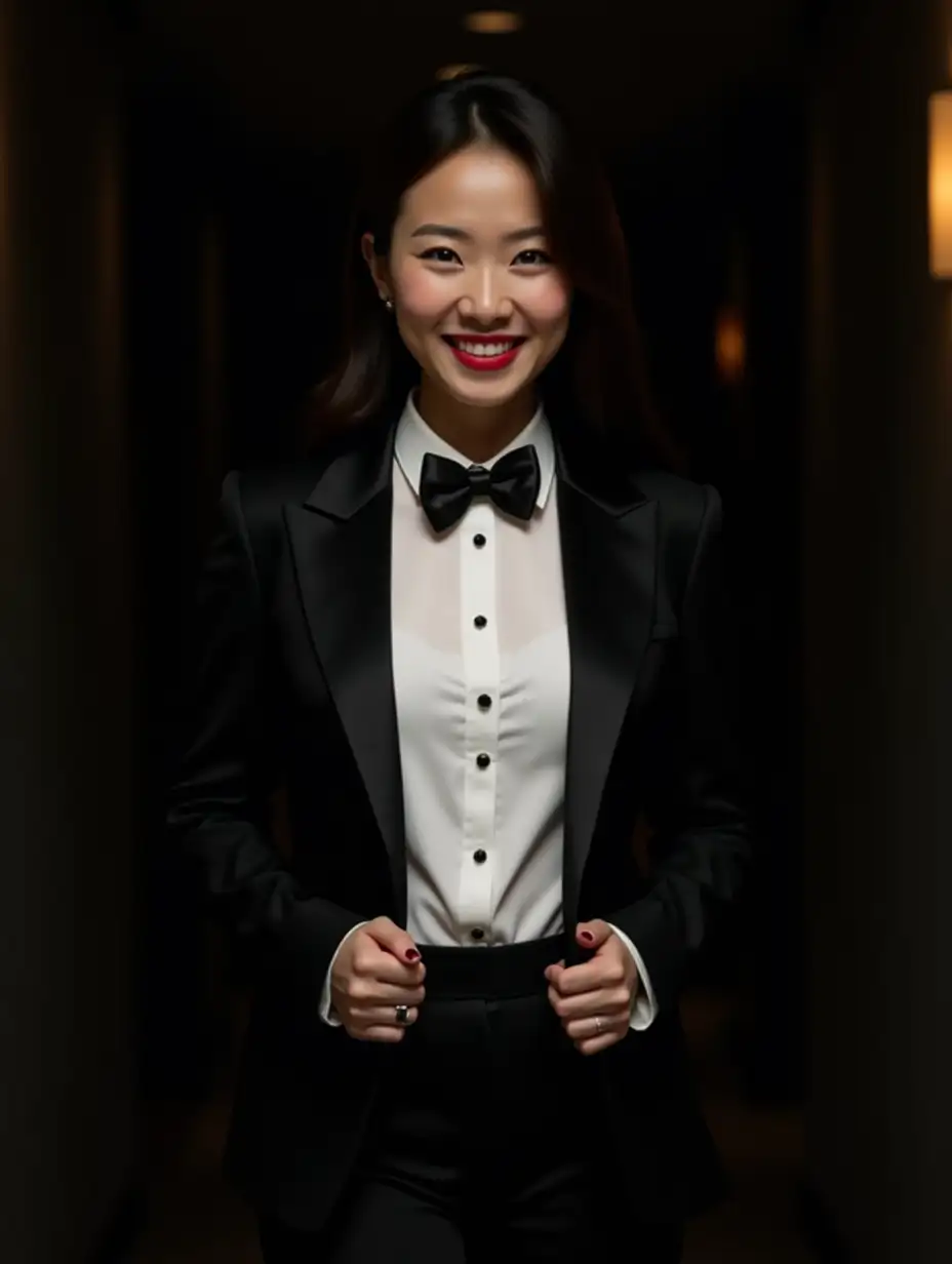 A sophisticated and confident 30 year old Asian woman with lipstick and wearing a tuxedo with an unbuttoned jacket. She has cufflinks. She is smiling. She is wearing lipstick. She is facing forward. Standing in a darkened hallway. Her shirt is white with double french cuffs and a wing collar and small black buttons. Her bowtie is black. She is wearing black pants.