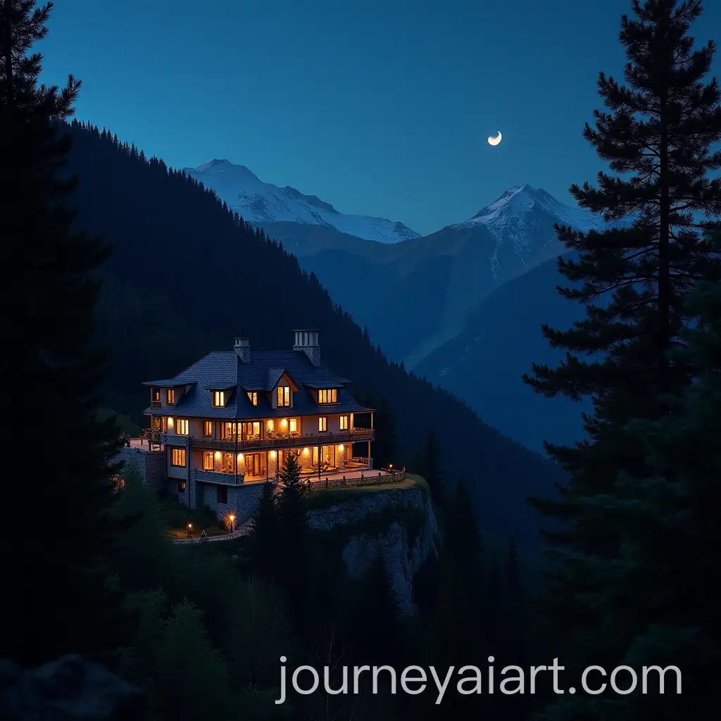 LuxAI-Art-Prompt-Expansionurious-TwoStory-Mountain-Hotel-at-Night-Viewed-from-a-High-Vantage-Point