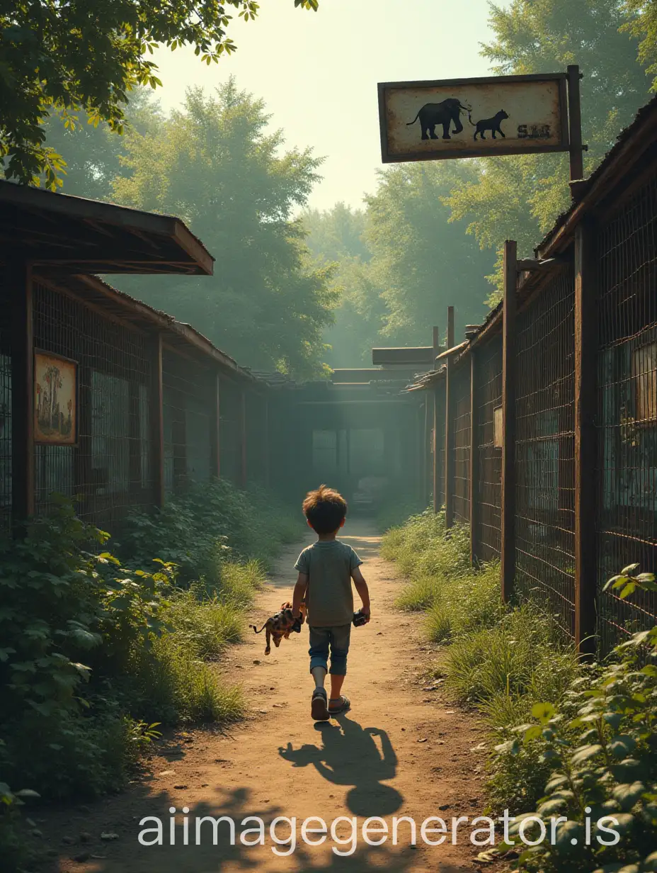 An abandoned zoo with overgrown weeds, rusty cages, and empty enclosures, the sun casting long shadows. Faded signs of once-living animals: lions, elephants, and birds. A child clutches a toy animal, looking confused. Realistic, post-apocalyptic color palette.