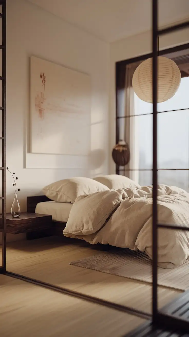 Stunning Japandi bedroom, medium shot, showcasing a balanced composition, natural light from side window, queen-size bed with beige linen duvet, dark wood floating bedside table with single stem vase, light bamboo flooring, paper lantern pendant light, minimalist artwork above bed, calm and balanced atmosphere, photorealistic, 8k --ar 16:9 --zoom 1.2