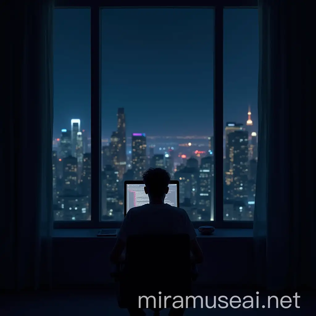 Young Man Programming in City Apartment at Night