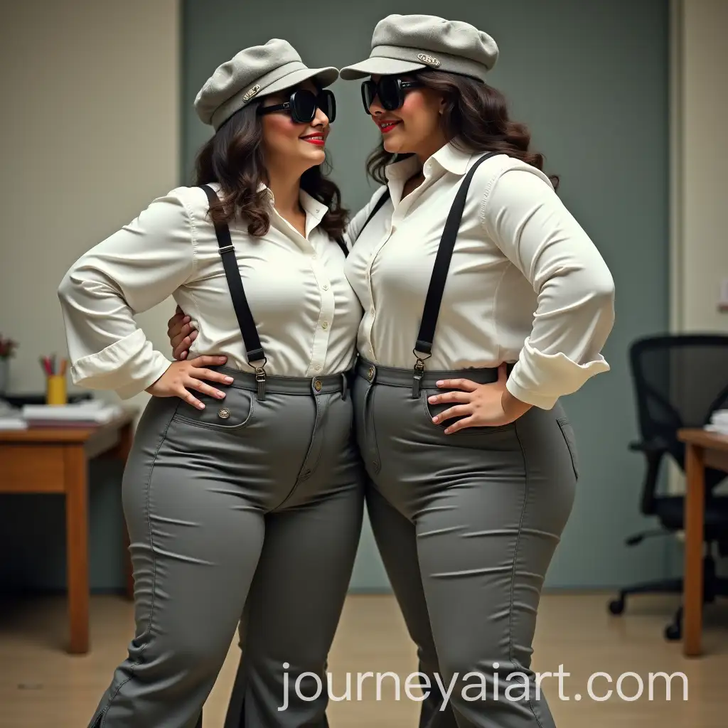 Two-Tall-Latina-Businesswomen-Embracing-Sensuously-in-Office-Attire
