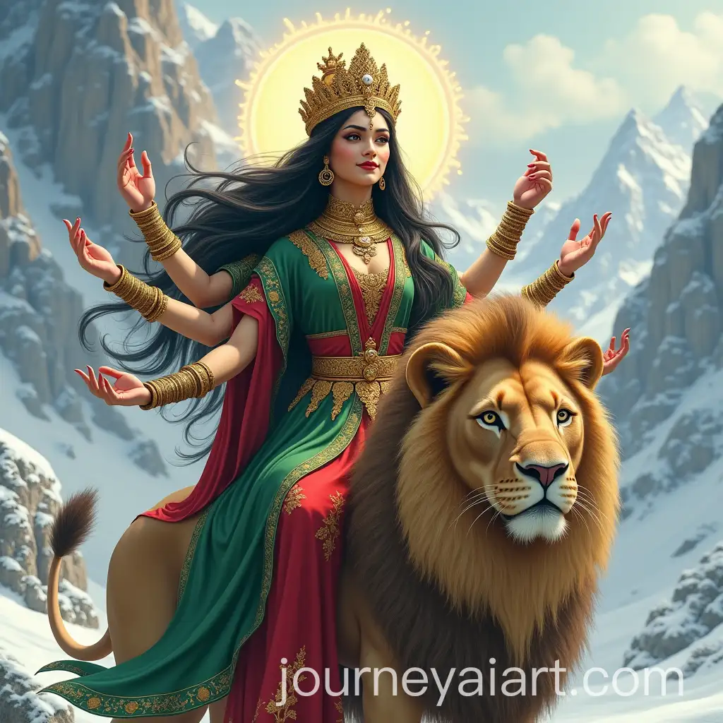 Divine-Goddess-with-Multiple-Arms-and-Majestic-Lion-in-SnowCovered-Mountain-Landscape
