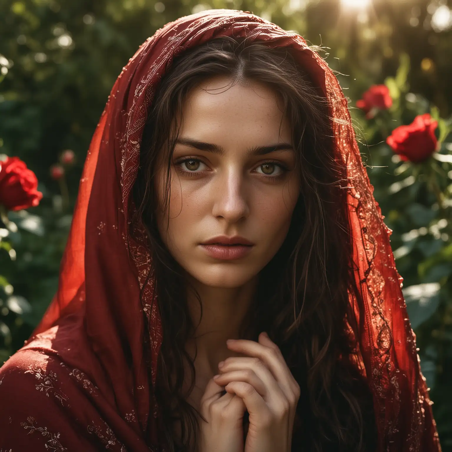 Emotive Mary Magdalene Portrait with Red Headscarf in Studio Setting