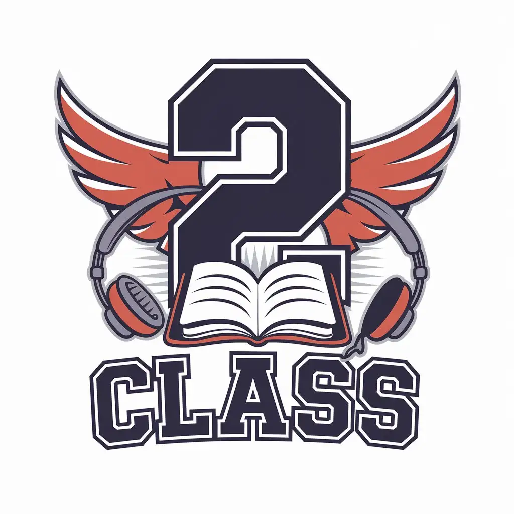 a vector logo design,with the text "2 class", main symbol:2, book, headphones, wings,Moderate,be used in Nonprofit industry,clear background