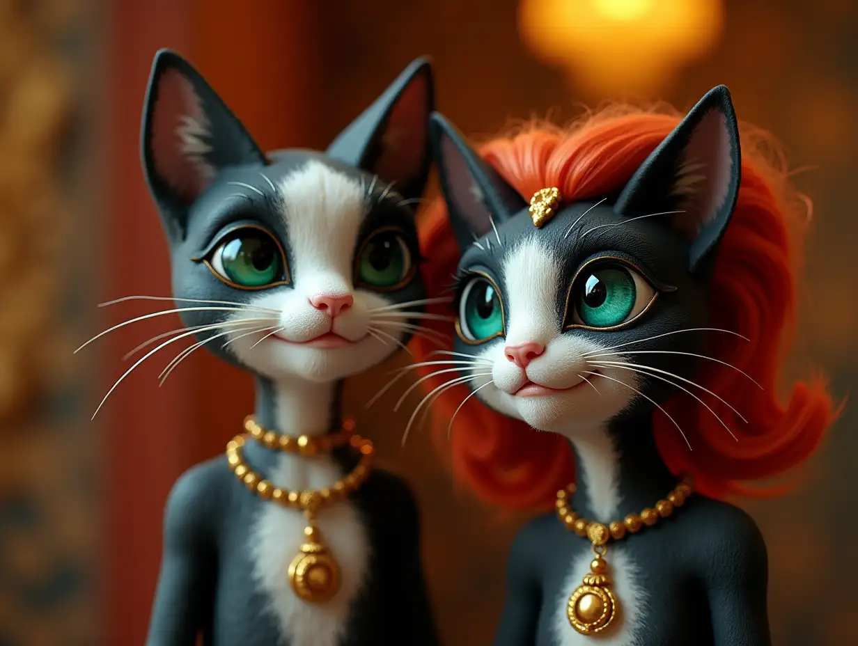 Two young black and white patterns Older cats with alien face, with red hair, with a slight smile on their face, highlighting their smile, modern retro jewelry, in a temple with much gold different shades 4k