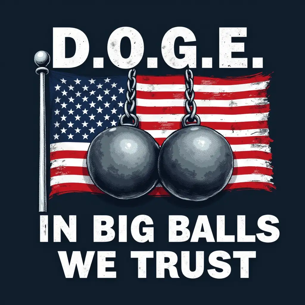 with a graphic design.  The graphic features the American flag, with two large, gray cannonballs hanging from chains positioned over the center of the flag.  The words 'D.O.G.E.' are written above the image, in capital letters, in a bold sans-serif font, and below the cannonballs, the words 'IN BIG BALLS WE TRUST' are written in capital letters, in a bold sans-serif font.  The words are white against a dark background. The flag design is stylized with a distressed, vintage look, giving an appearance of faded ink, and grunge.  The composition is centered, with a simple layout focused on the bold text and graphics. The overall style is meant to be humorous or defiant. The colors are primarily red, white, blue, and gray, creating a strong and patriotic impression. The lighting is even across the design.