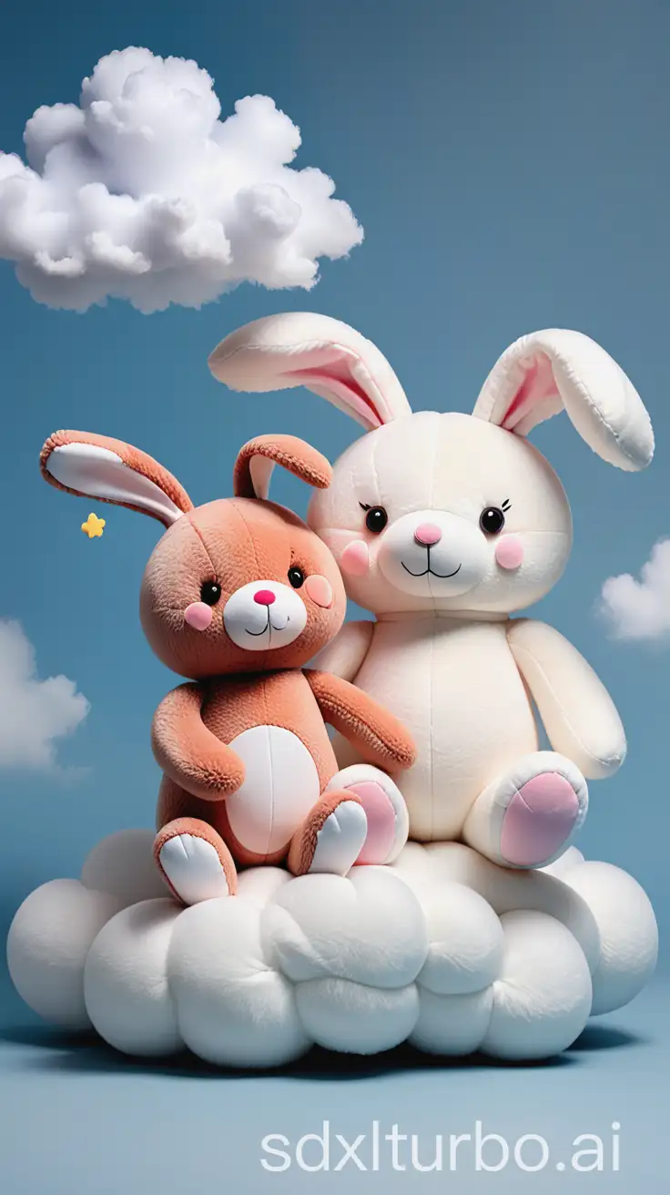 Two plush toys, a cute bunny and a teddy bear. both sitting on a small cloud. It is only a small cloud.