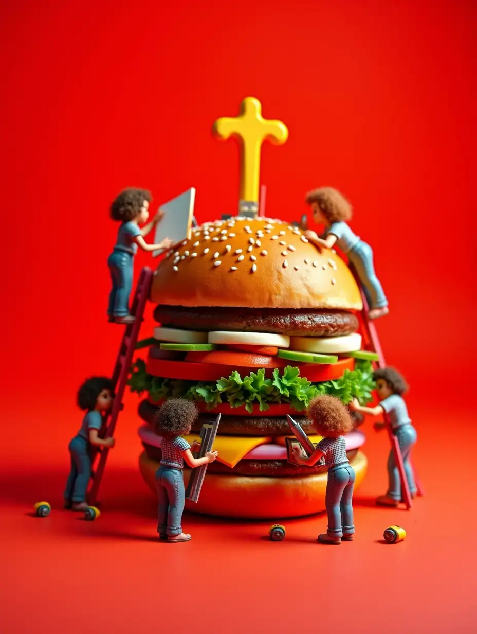 An imaginative, colorful scene featuring a group of tiny designers working on a large, conceptual design. The backdrop is a vivid red, highlighting the intricate and creative process of design. Miniature people, including curly-haired female designers, are depicted scaling the layers of a giant, intricately layered burger, using ladders, drawing tools, and measuring devices. Each designer has a unique task: one is sketching, another is checking the proportions, while a third arranges the elements creatively. The lighting is dynamic, with soft shadows and highlights accentuating the textures and colors of the design. The overall scene exudes a playful, yet sophisticated atmosphere, reflecting the energy and detail involved in the world of design.