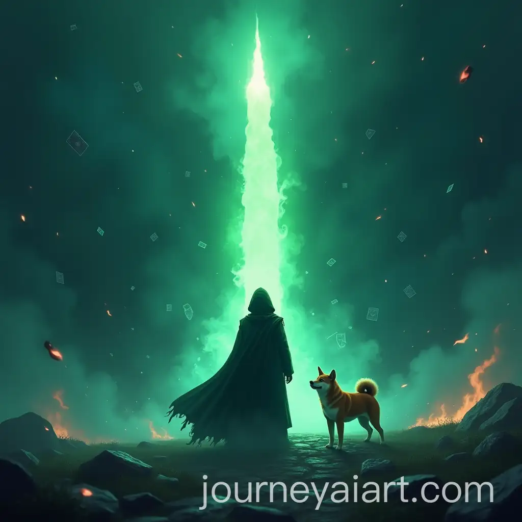 Mysterious-Hooded-Figure-and-Shiba-Inu-in-Stormy-Otherworldly-Landscape-with-Glowing-Green-God-Candle