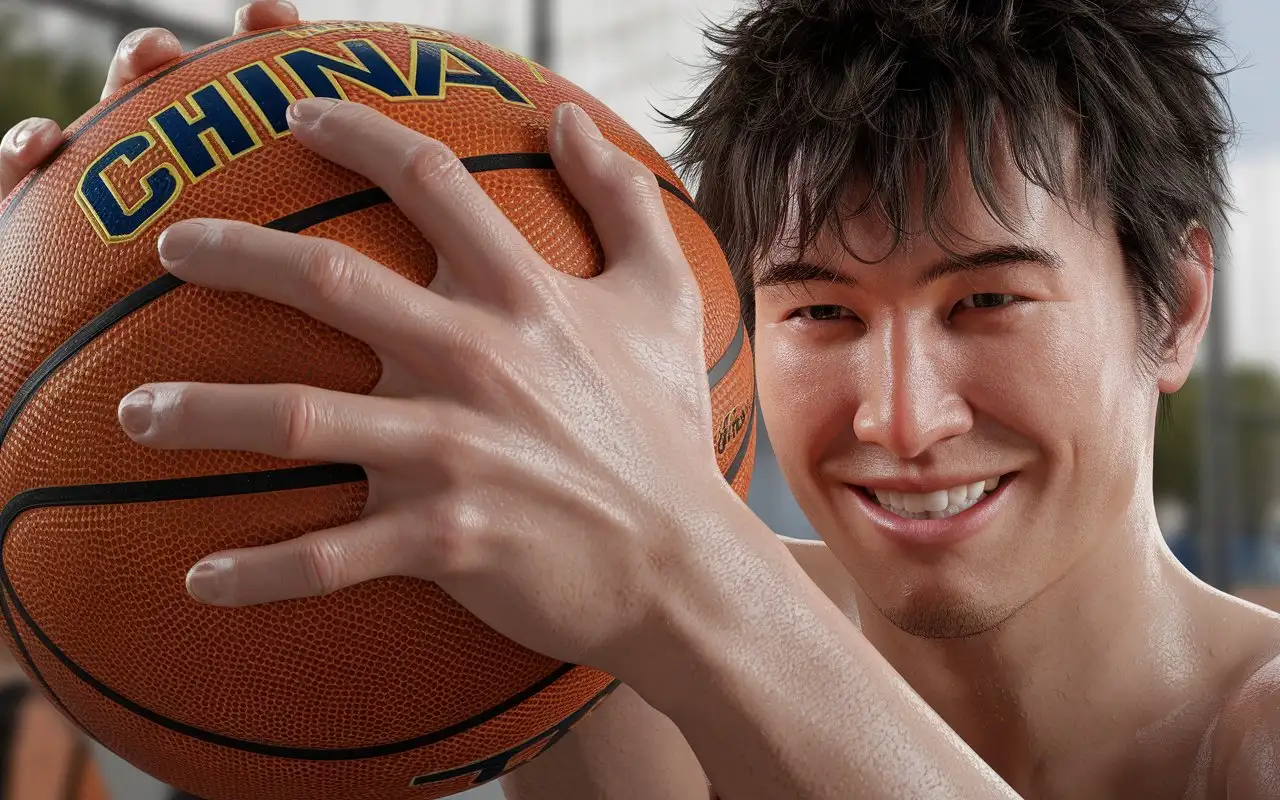 Close-up of the young Chinese man, smiling, who hands gripping a basketball tightly, basketball spelling out the words 'china', his knuckles white with determination, background slightly blurred to focus on the intensity in his hands, hyper-realistic, photo realism, Focus on the interplay of light and shadow on his skin, emphasizing the texture of his wet hair, photographed in the style of Wong Kar-wai. --ar 85:128 --v 6.0 --style raw