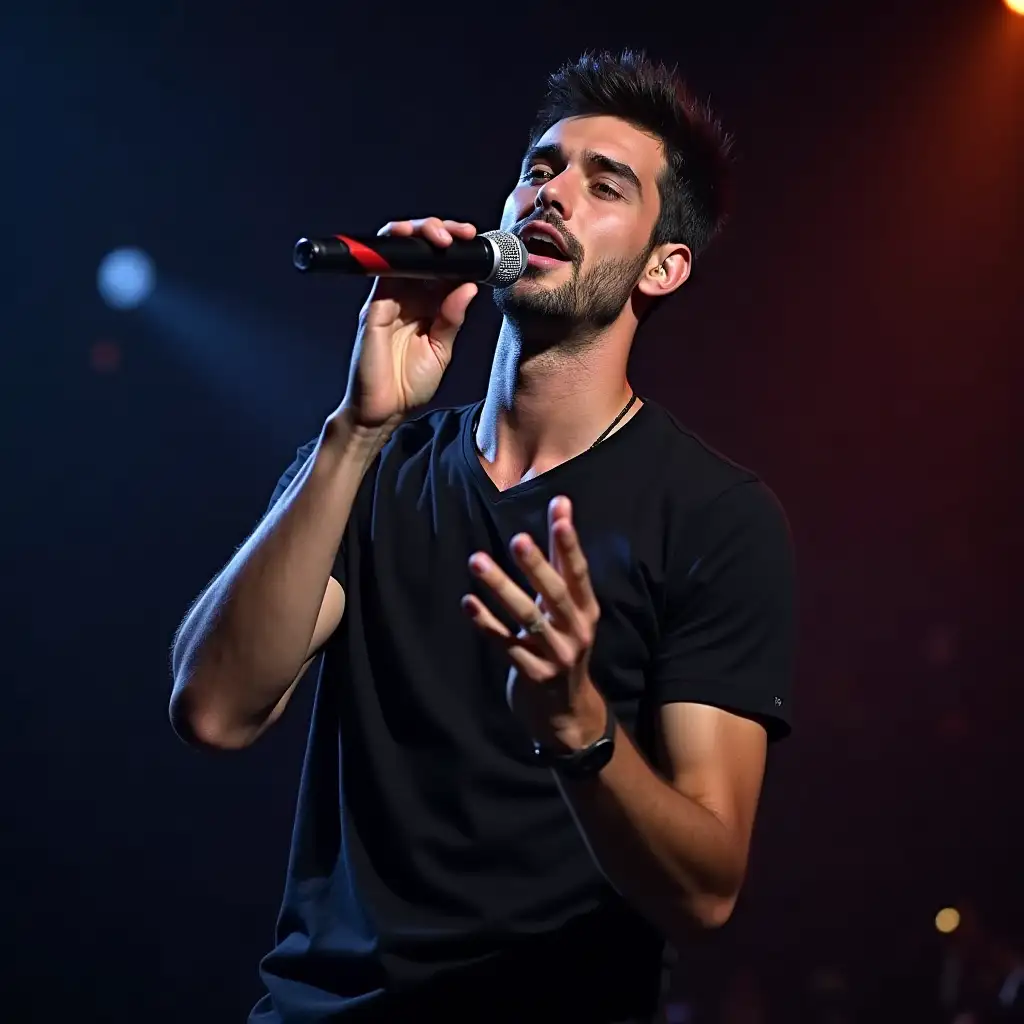 A man on a stage with his music group, very handsome at about 27 years old, with black hair and green eyes with a microphone in his hand singing on a stage with his music group