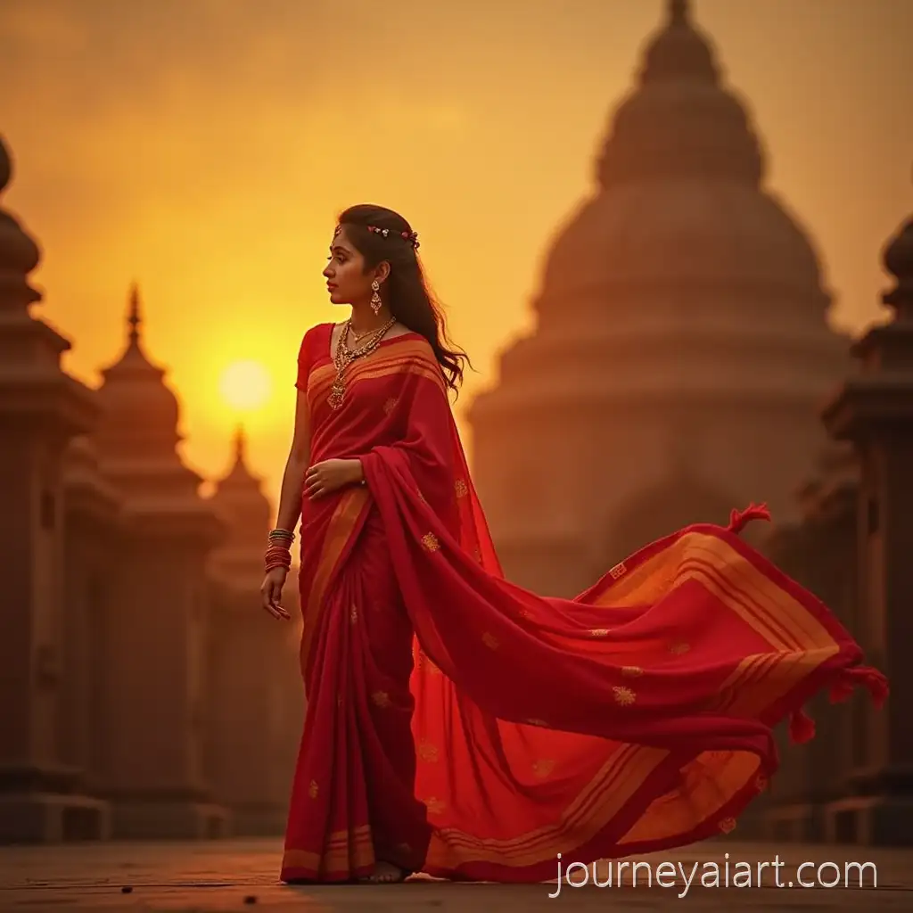 Indian-Girl-in-Traditional-Red-Saree-at-Temple-Sunset-with-Saffron-Forehead-Decoration