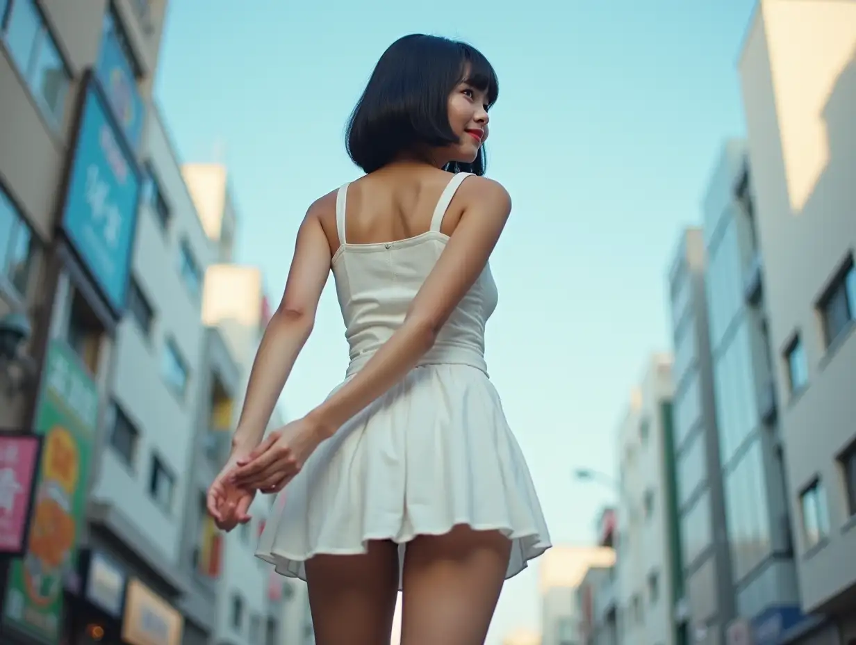 Shinjuku-Girl-with-Bob-Haircut-in-White-Miniskirt-FullLength-View-from-Low-Angle