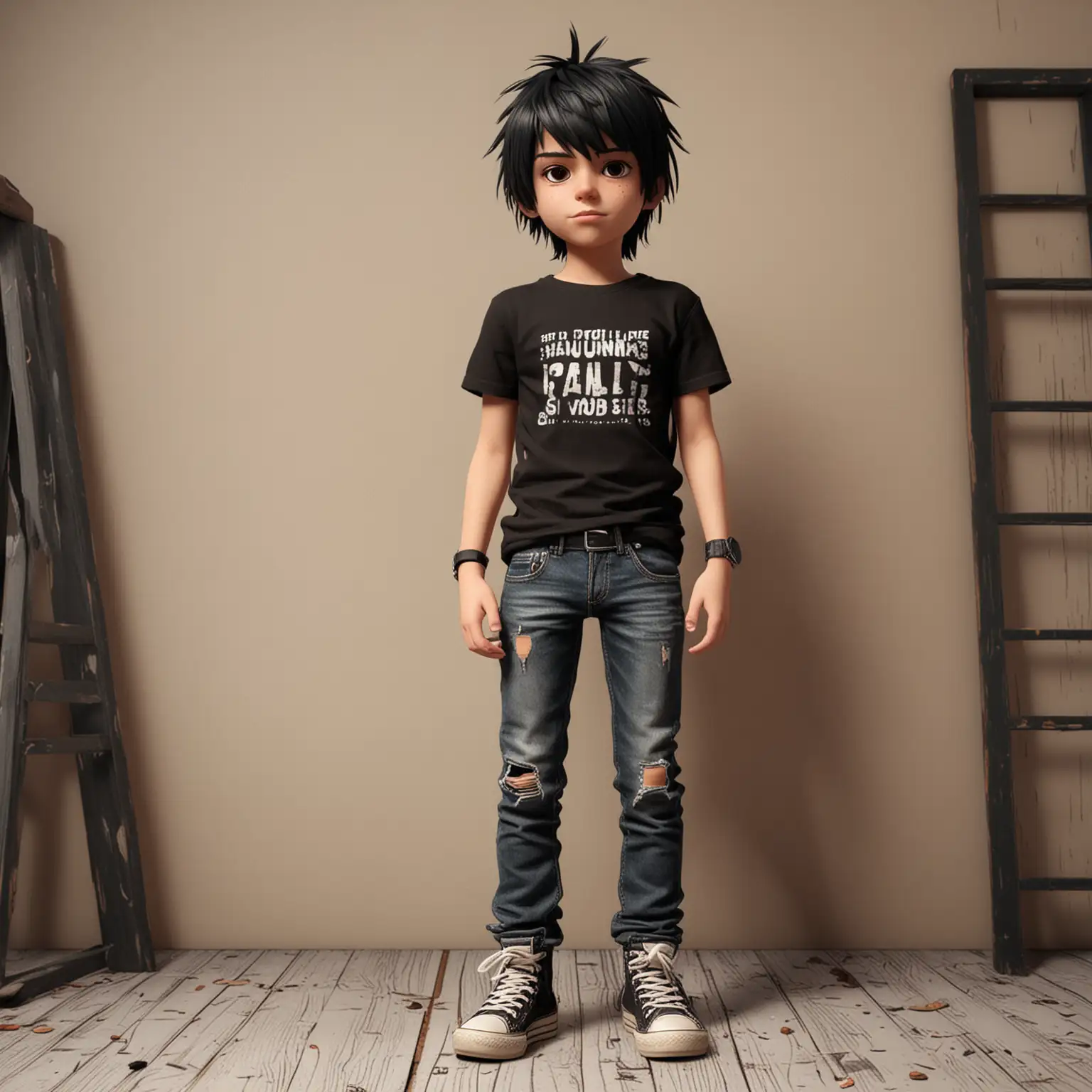 A tall cartoon emo boy with black bangs and brown eyes wearing a black t shirt with jeans and muddy converse sneakers while standing in a room during a sunny day 3d render, vivid,