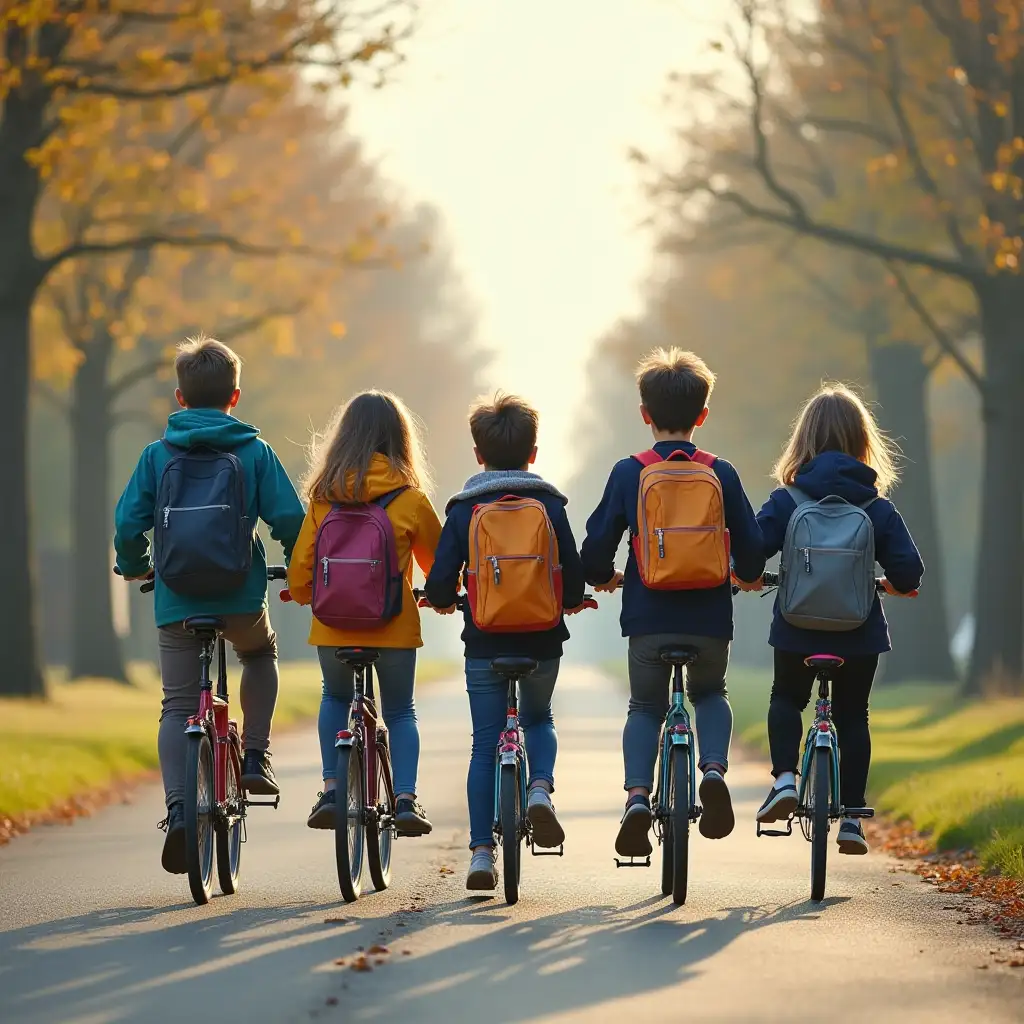 5 class students going to school by a bicycle