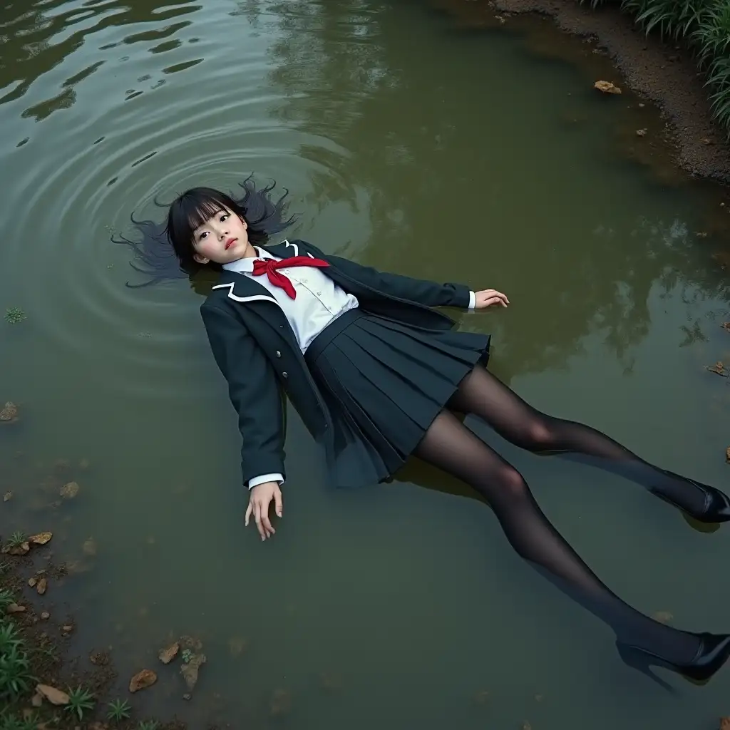 Schoolgirl in a school uniform, in a skirt, jacket, blouse, dark tights, high-heeled shoes. She is swimming in a dirty pond, lying underwater, all her clothes are completely wet, wet clothes stick to her body, the whole body is underwater, submerged in water, under the surface of the water, below the water's edge.