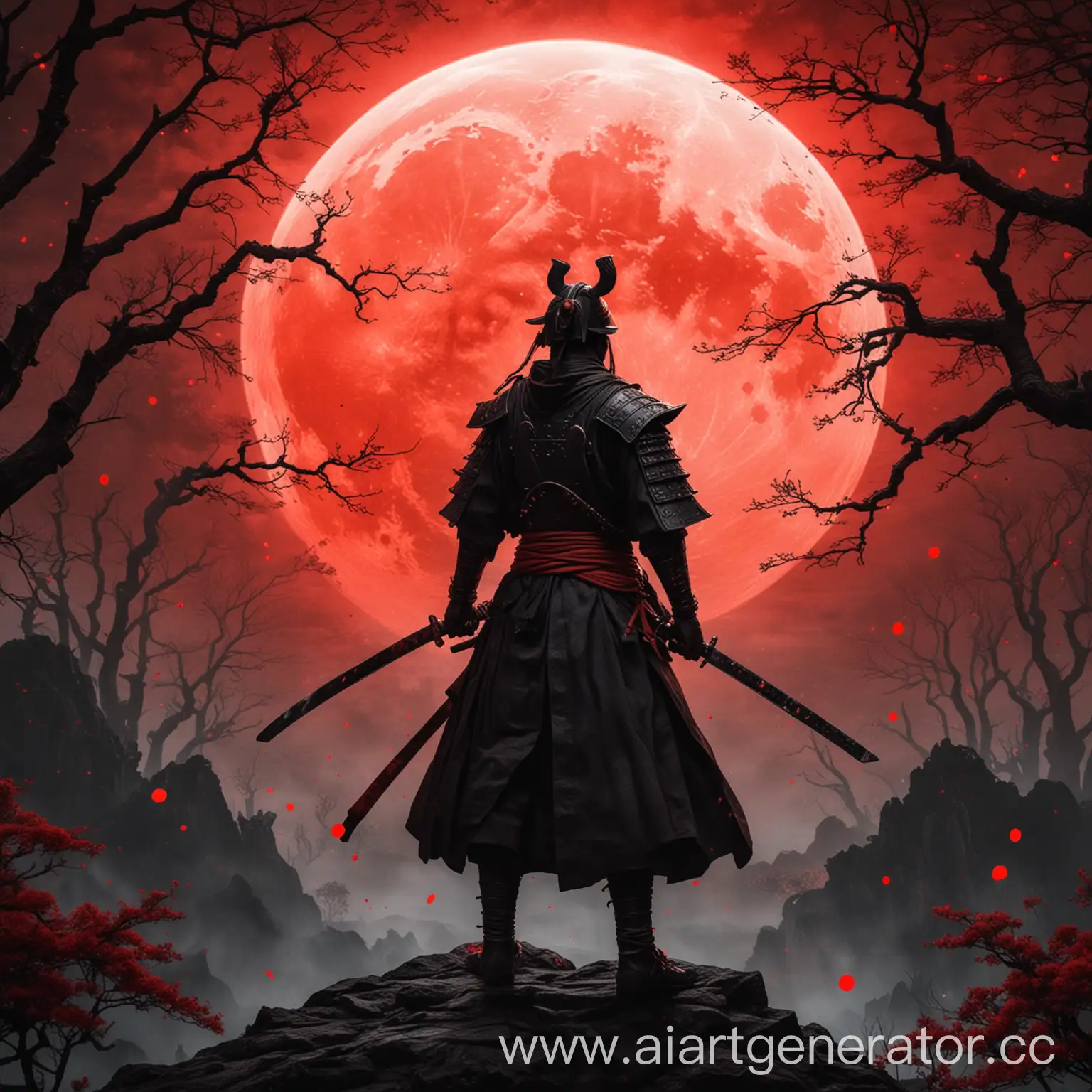 Black-Samurai-Admiring-Red-Moon-at-Night